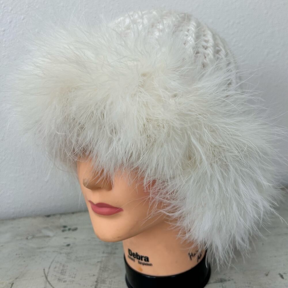 Vintage Chunky Knit Beanie Hat Feather Trim Y2K Winter Snow Bunny ski white - Picture 10 of 16